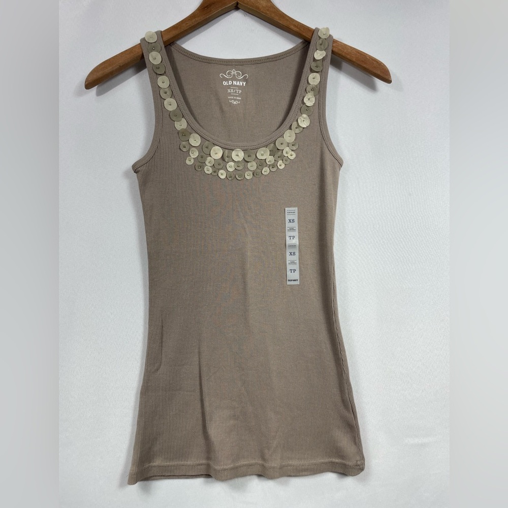 NWT Old Navy Embellished Tank Top XS Beige Glam Coastal Minimal Sequin Y2K Coast